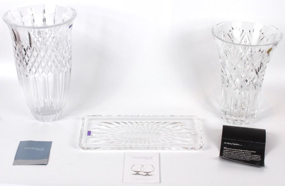 Lot 11647: WATERFORD CRYSTAL VASES & TRAY - LOT OF 3