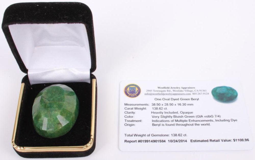 Lot 11704: LARGE LOOSE OVAL GREEN BERYL GEMSTONE - 138.62 CTW