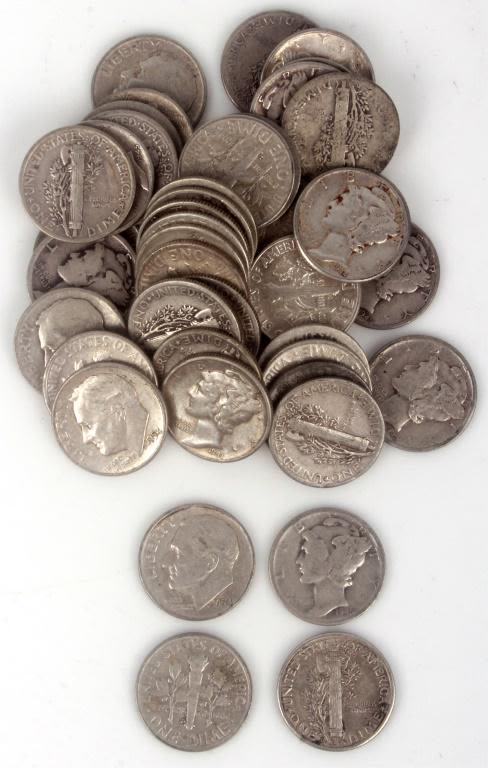 Lot 11662: 90% SILVER MERCURY DIMES & ROOSEVELT DIMES (50)