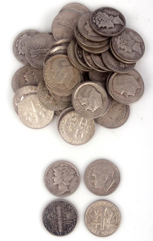 Lot 11663: 90% SILVER MERCURY DIMES & ROOSEVELT DIMES (50)