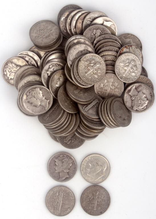 Lot 11664: 90% SILVER MERCURY DIMES & ROOSEVELT DIMES (100)