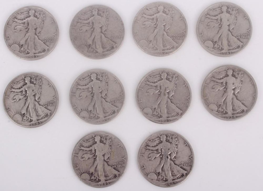 Lot 11666: WALKING LIBERTY 90% SILVER DOLLARS - LOT OF 10