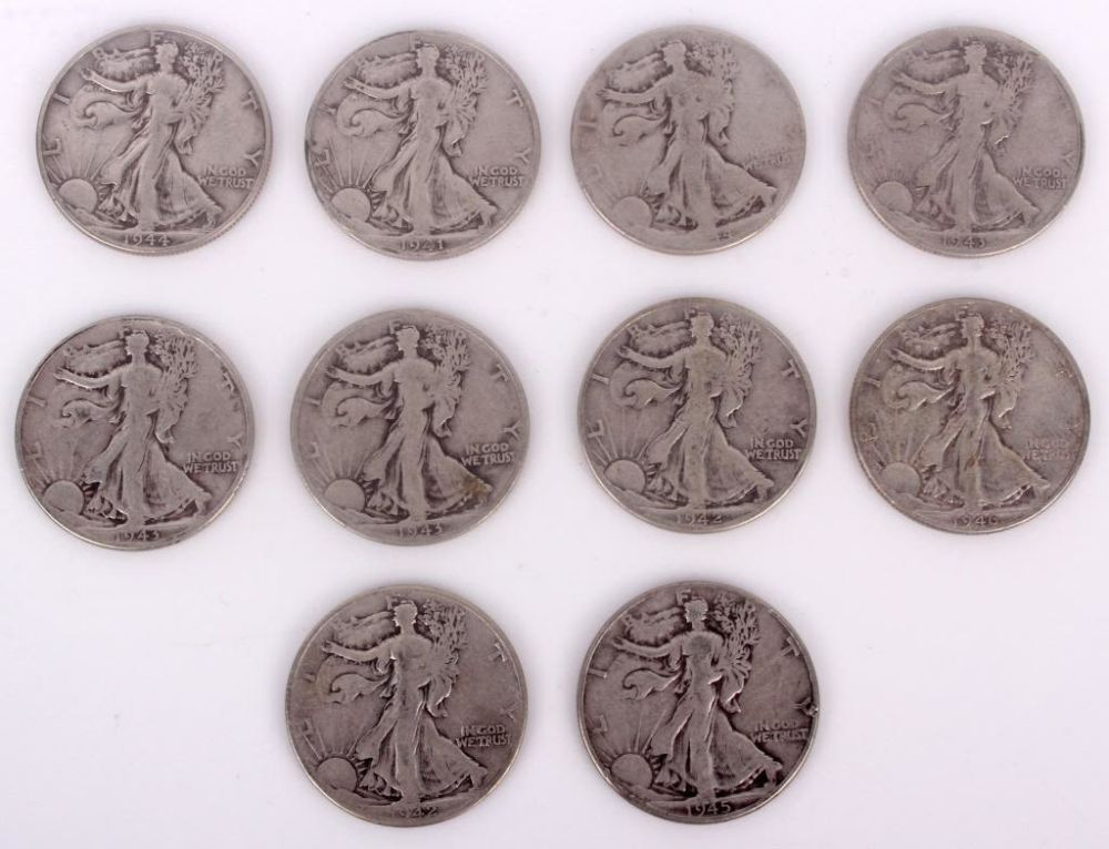 Lot 11667: WALKING LIBERTY 90% SILVER DOLLARS - LOT OF 10
