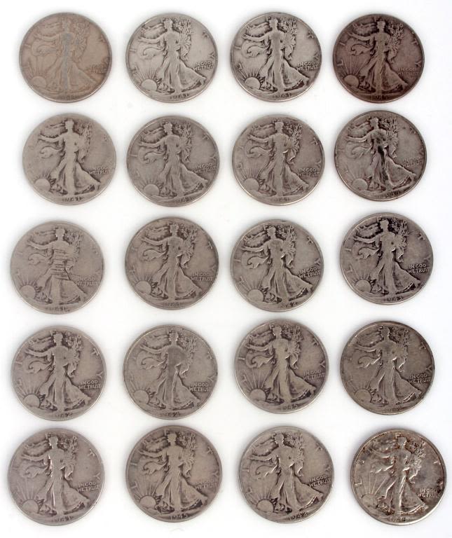 Lot 11668: WALKING LIBERTY 90% SILVER DOLLARS - LOT OF 20