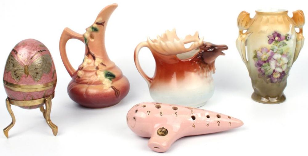 Lot 11752: ASSORTED PORCELAIN & BRASS EGGS, VASES, ETC. - (5)