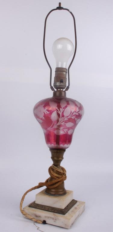 Lot 11777: ANTIQUE CRANBERRY CUT-TO-CLEAR GLASS TABLE LAMP