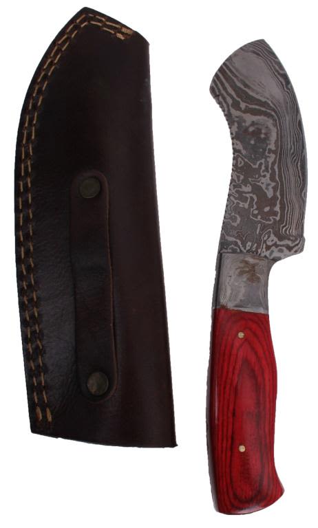 Lot 11805: DAMASCUS STEEL CURVED HUNTING KNIFE RED HANDLE