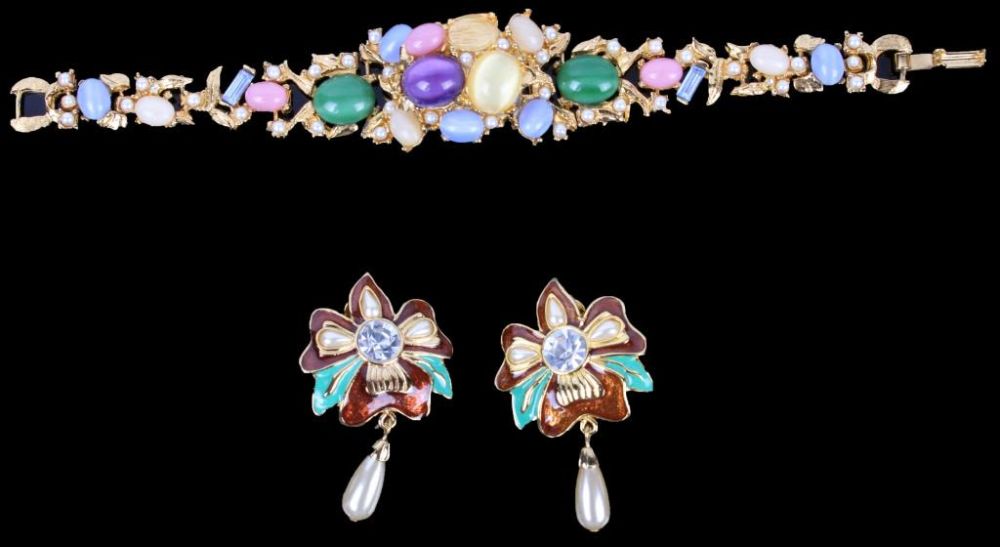 Lot 116172: BOB MACKIE ENAMELED FLOWER EARRINGS & WATCH