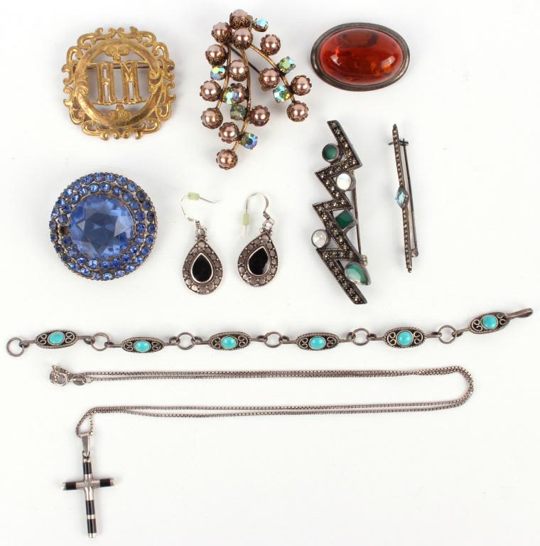 Lot 116195: ASSORTED GEMSTONE PINS AND COSTUME JEWELRY - (8)
