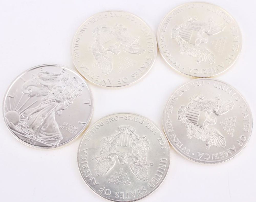 Lot 116206: AMERICAN SILVER EAGLES .999 FINE SILVER - LOT OF 5