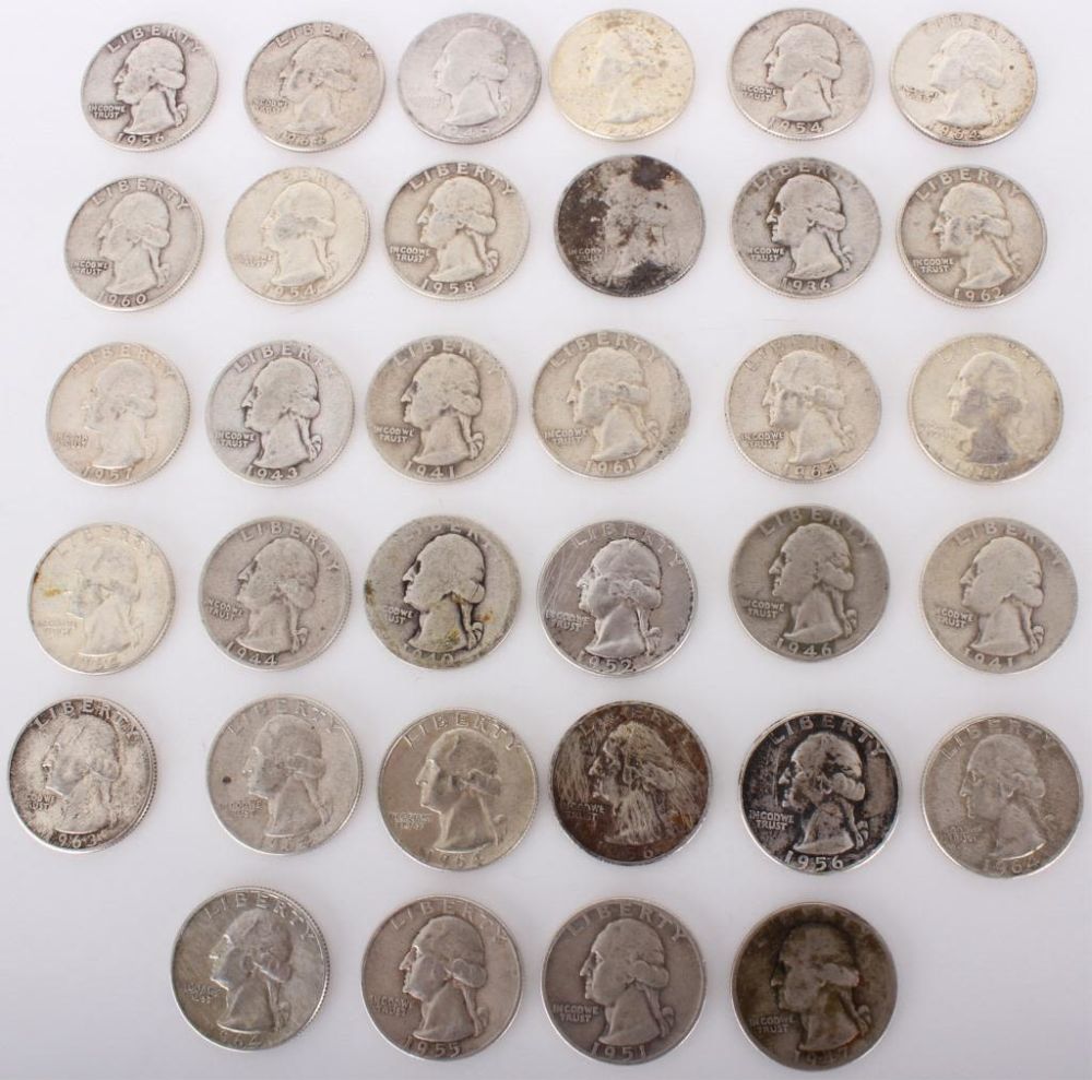 Lot 116210: 90% SILVER WASHINGTON QUARTERS - LOT OF 34