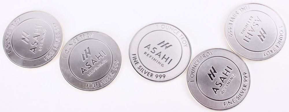 Lot 116221: .999 FINE SILVER ASAHI OUNCE TROY COINS - LOT OF 5
