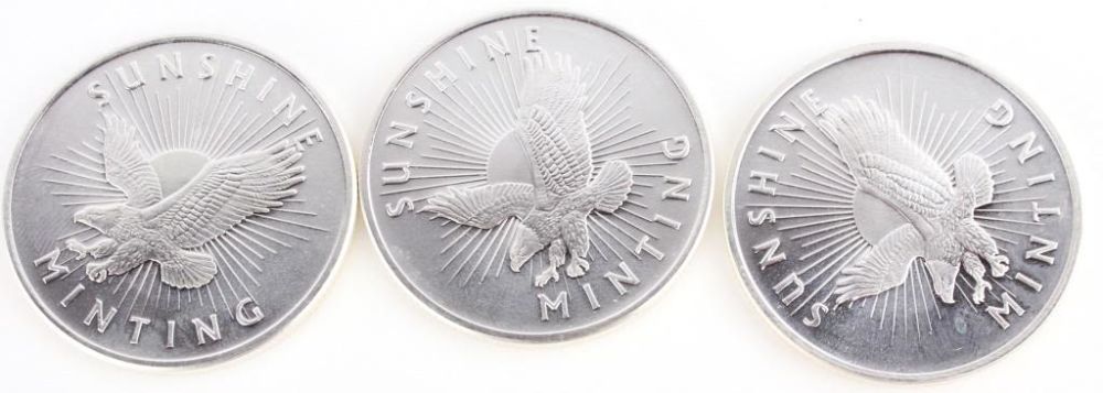 Lot 116222: .999 FINE SILVER SUNSHINE COINS 1 OZT - LOT OF 3