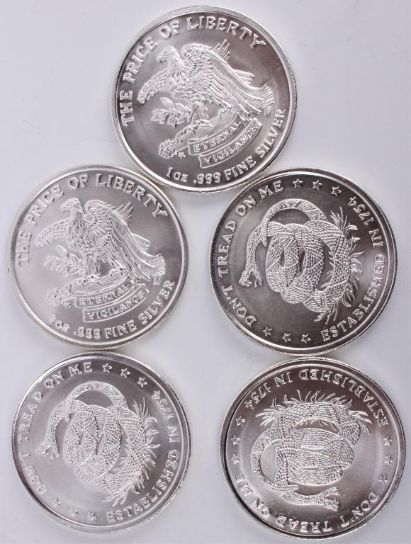 Lot 116225: .999 FINE SILVER "DON`T TREAD ON ME" - LOT OF 5