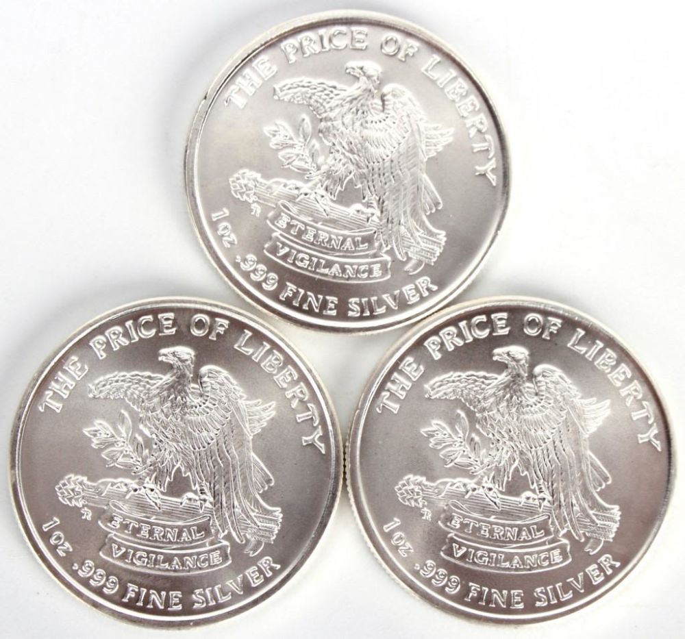 Lot 116227: .999 FINE SILVER "DON`T TREAD ON ME" - LOT OF 3