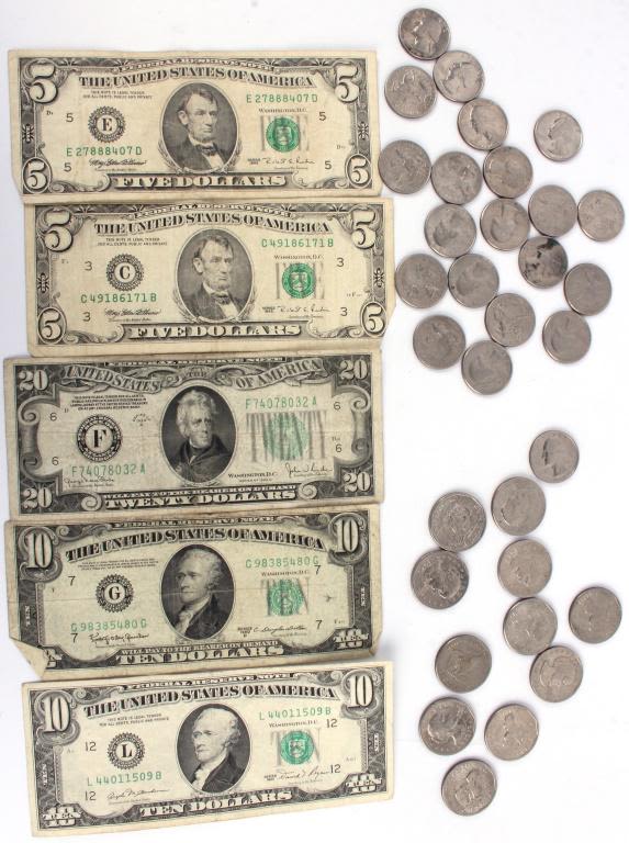 Lot 116237: VINTAGE BILLS AND COINS - LOT OF 37