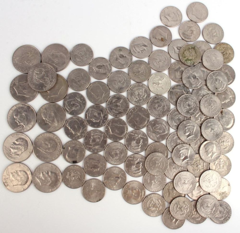 Lot 116242: EISENHOWER DOLLAR COINS & HALF DOLLARS - LOT OF 87