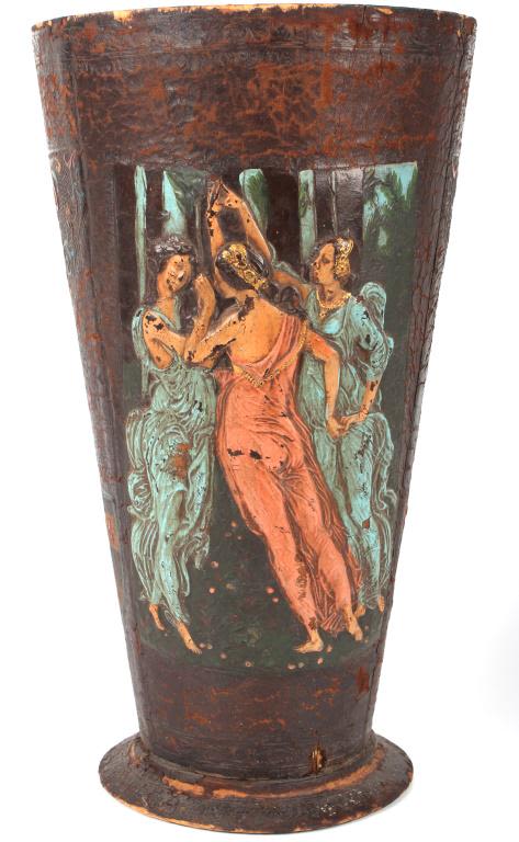 Lot 116259: VINTAGE HAND PAINTED LEATHER VASE W/ FAMILY CRESTS