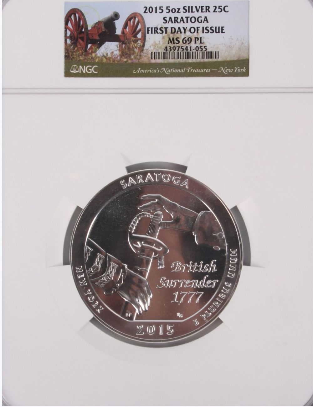 Lot 118164: .999 FINE SILVER 2015 5 OZ SARATOGA NGC MINT COIN