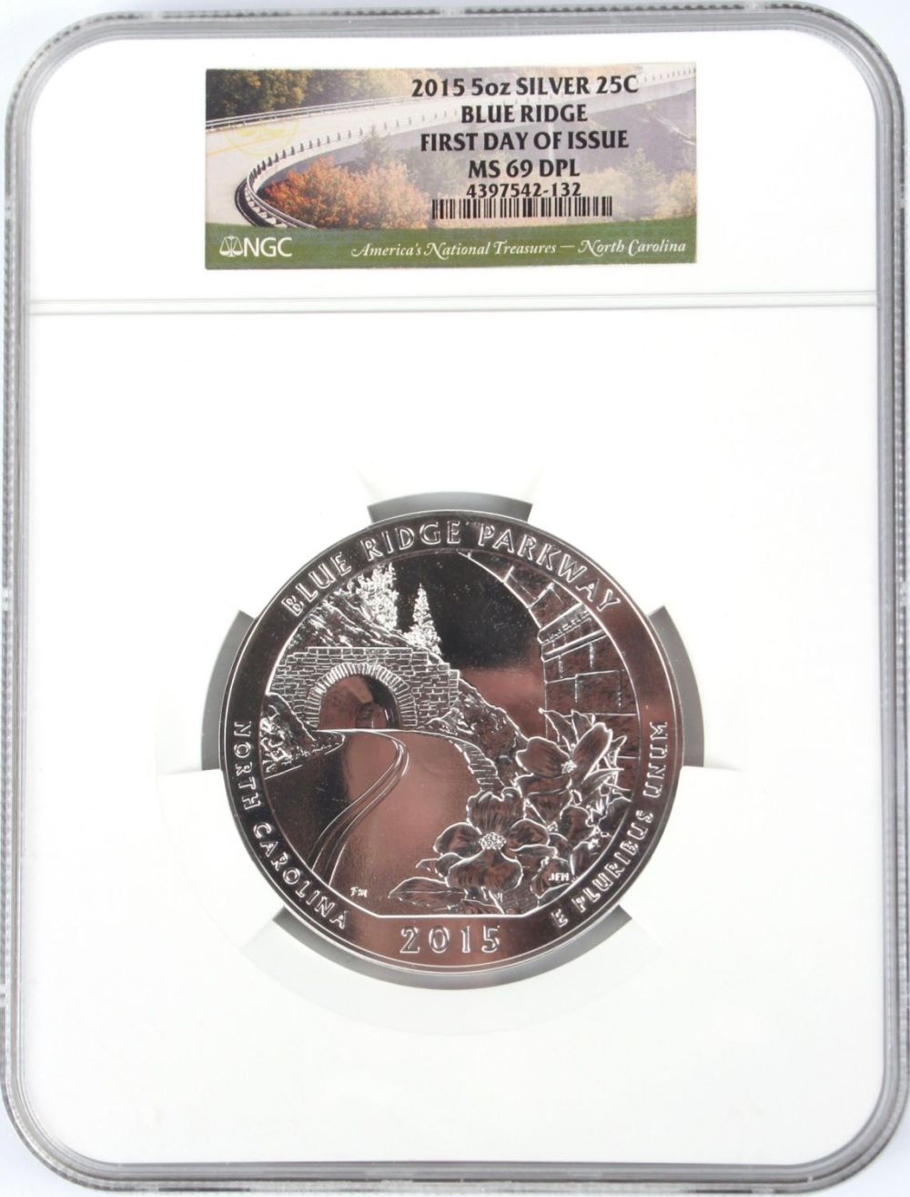 Lot 118172: .999 FINE SILVER 2015 5OZ BLUE RIDGE NGC MINT COIN
