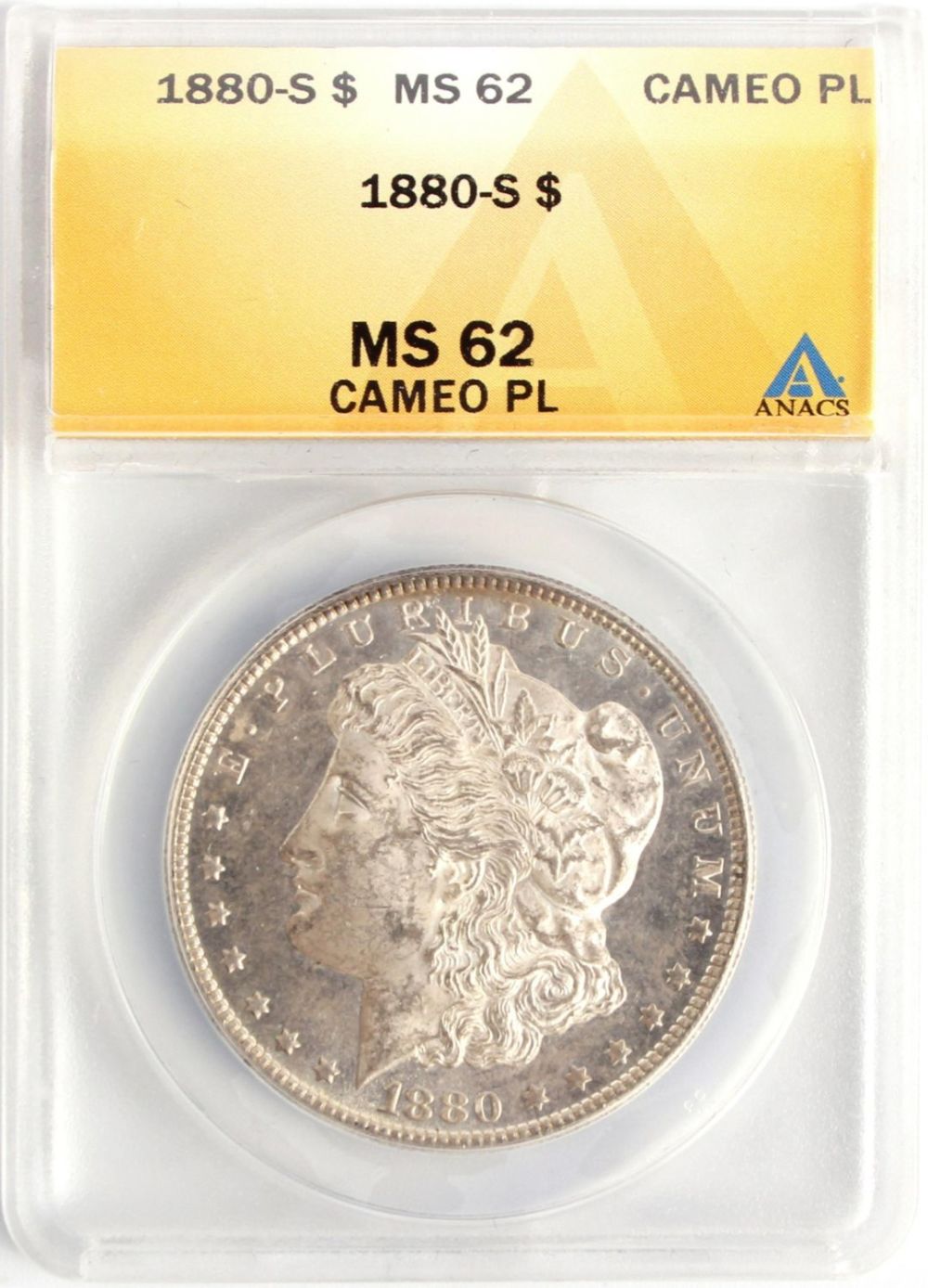 Lot 118176: 1880 S MORAGN MS62 CAMEO PL GRADED COIN ANACS