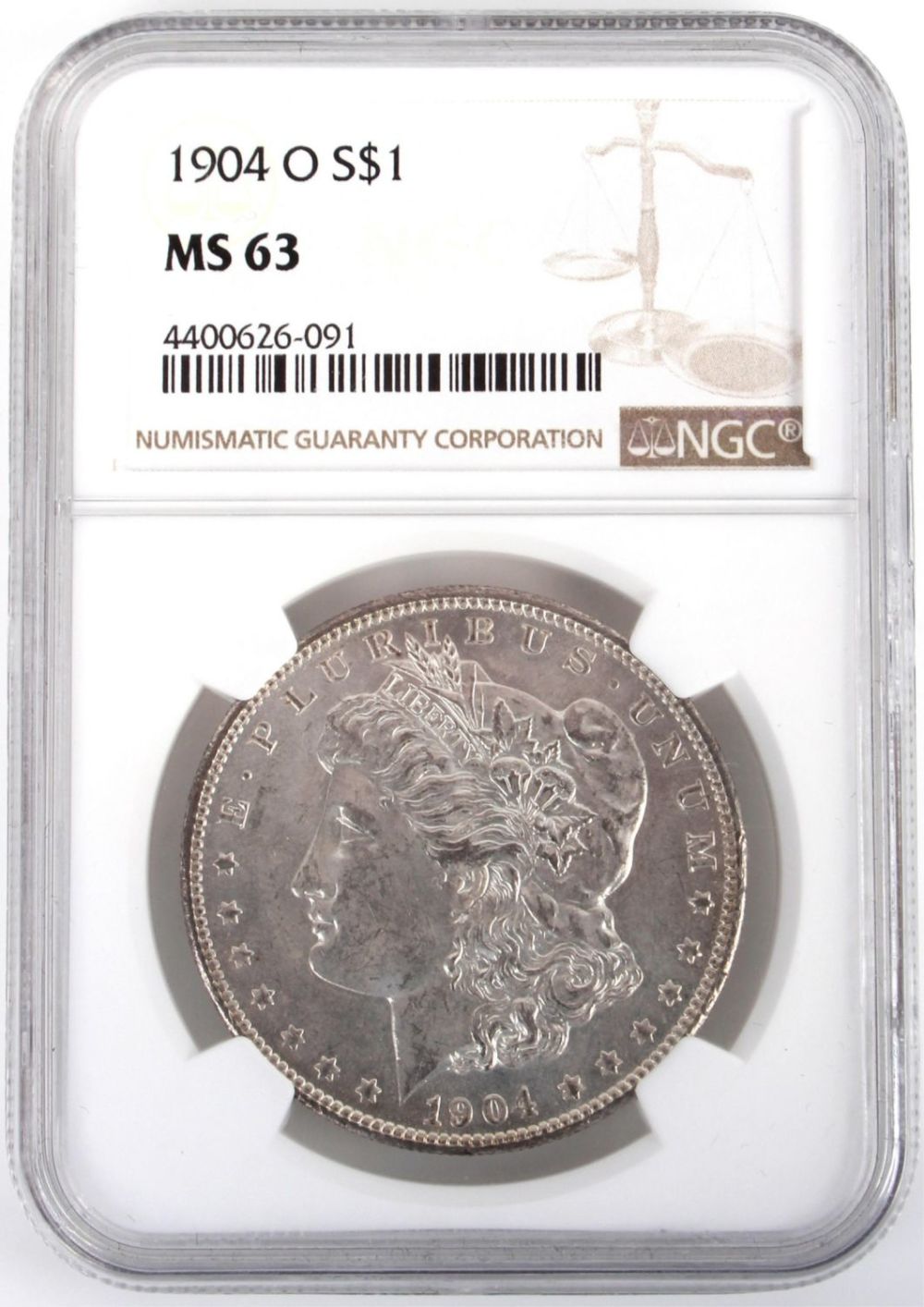 Lot 118184: 1904 O MORGAN MS63 GRADED COIN NGC
