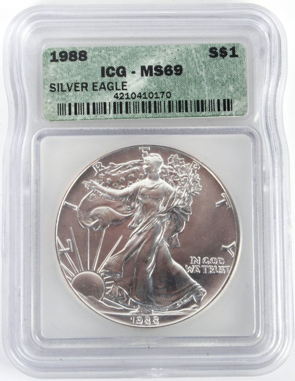 Lot 118185: 1988 SILVER EAGLE MS69 GRADED COIN ICG