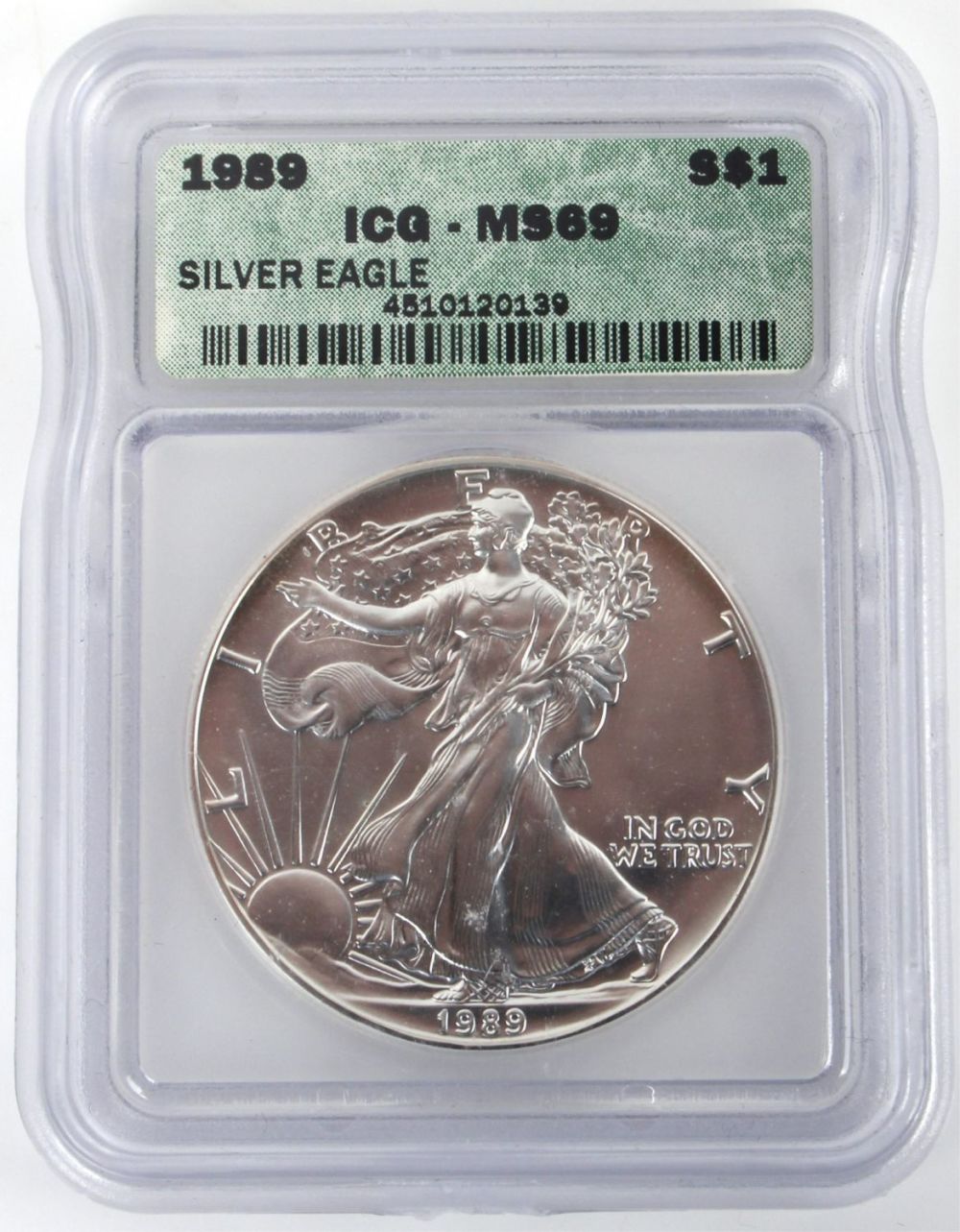 Lot 118186: 1989 SILVER EAGLE MS69 GRADED COIN ICG