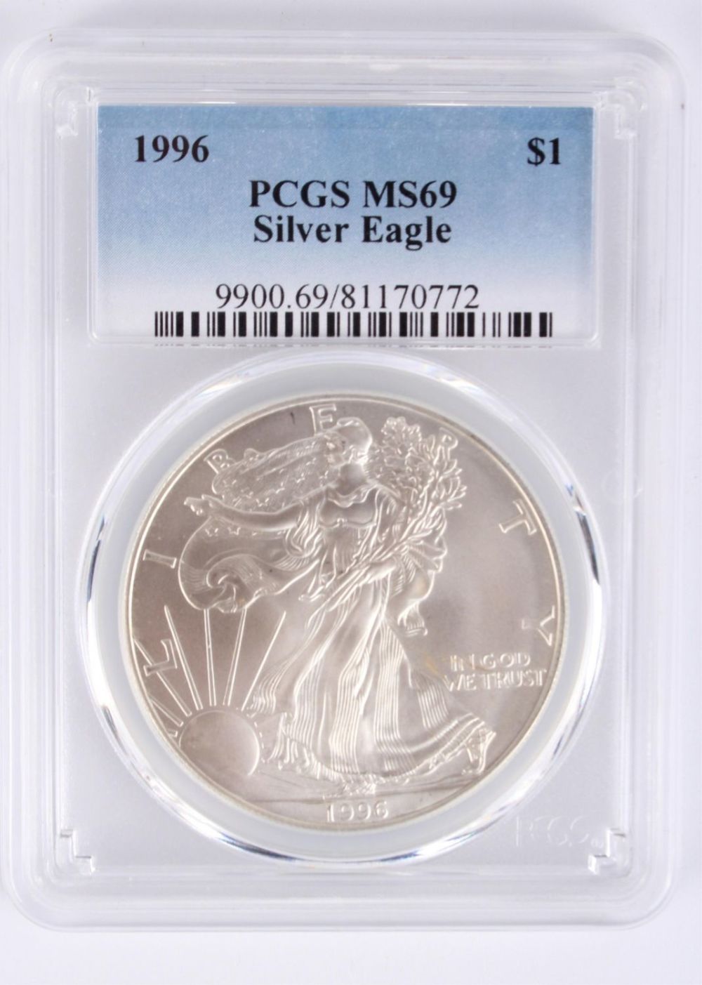Lot 118198: .999 SILVER 1996 SILVER EAGLE PCGS MS69 $1 COIN