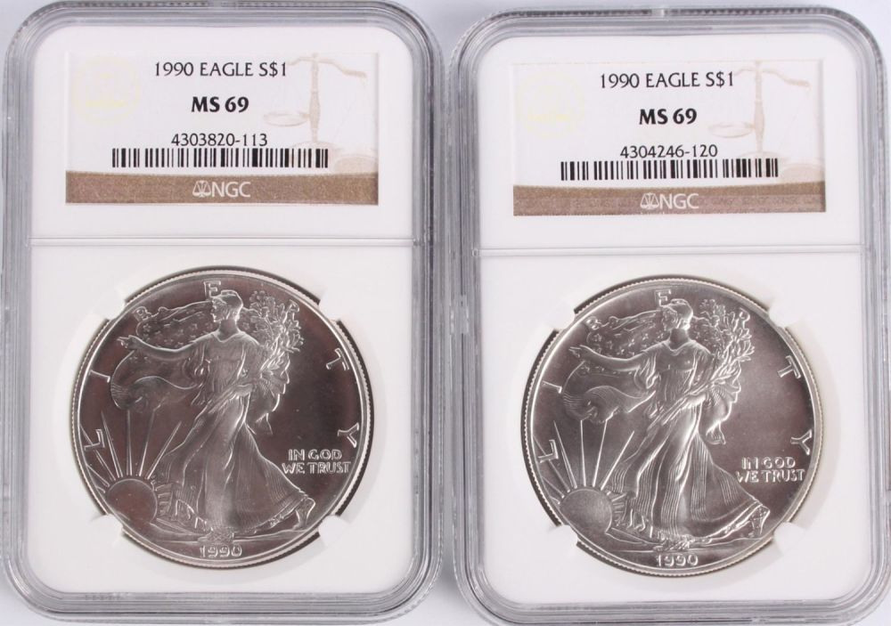 Lot 118200: .999 SILVER 1990 SILVER EAGLE NGC MS69 COINS - (2)
