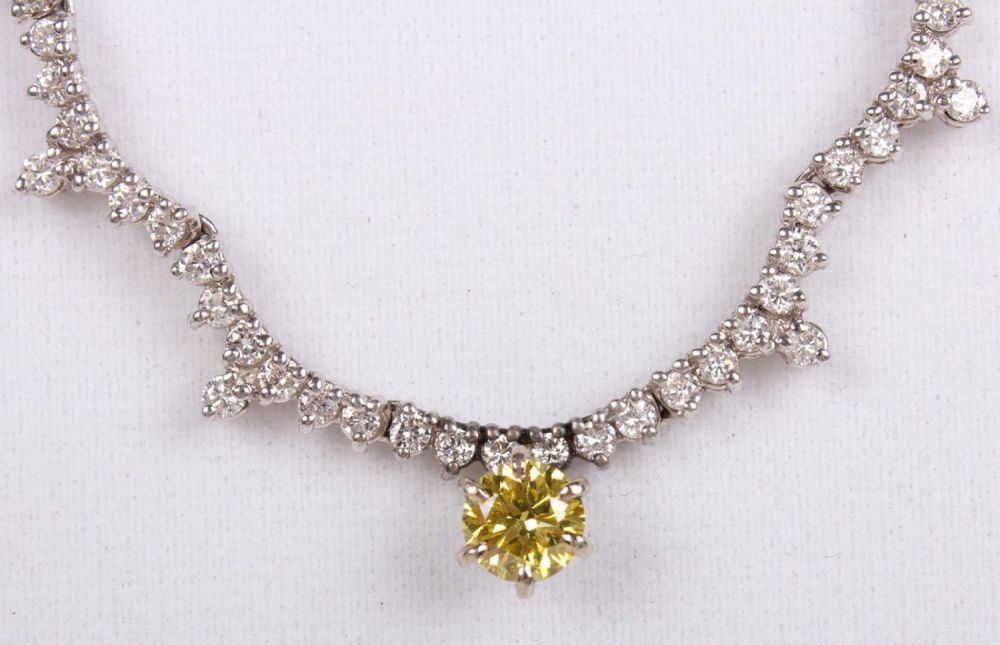 Lot 118039B: 14K WHITE GOLD CANARY DIAMOND NECKLACE - 7.06 CTW