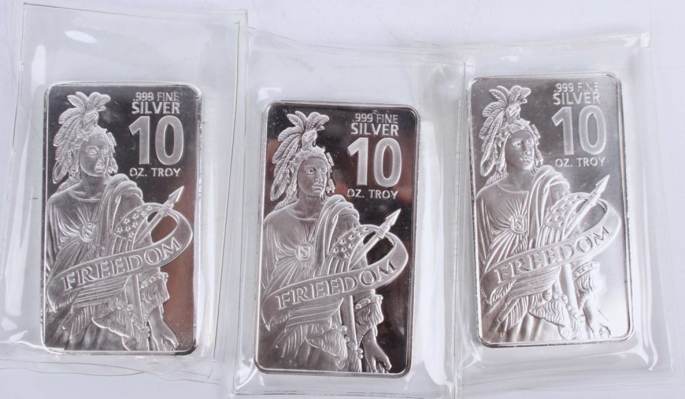 Lot 121157: 10 TROY OZ FINE SILVER BARS "FREEDOM" - LOT OF 3
