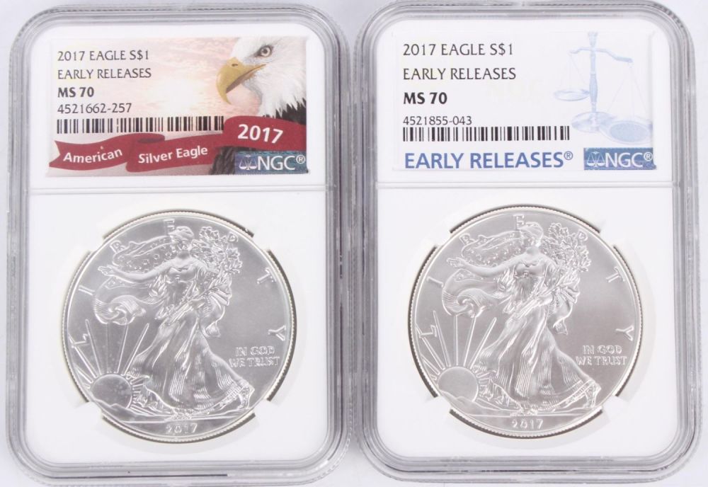 Lot 121160: .999 SILVER 2017 NGC MS70 1 OZ SILVER EAGLES - (2)