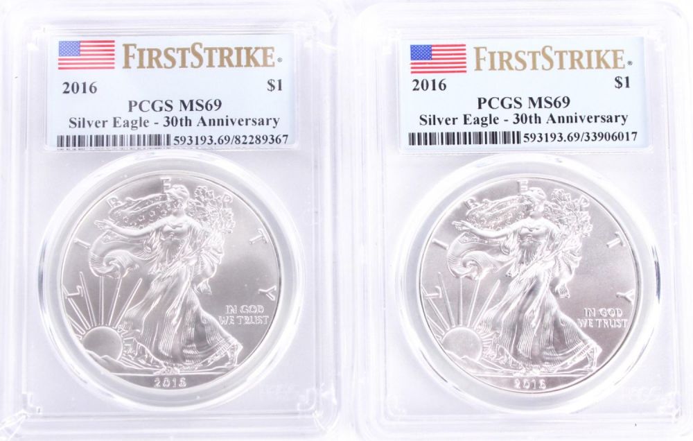 Lot 121163: .999 FINE SILVER 2016 PCGS MS69 SILVER EAGLES (2)