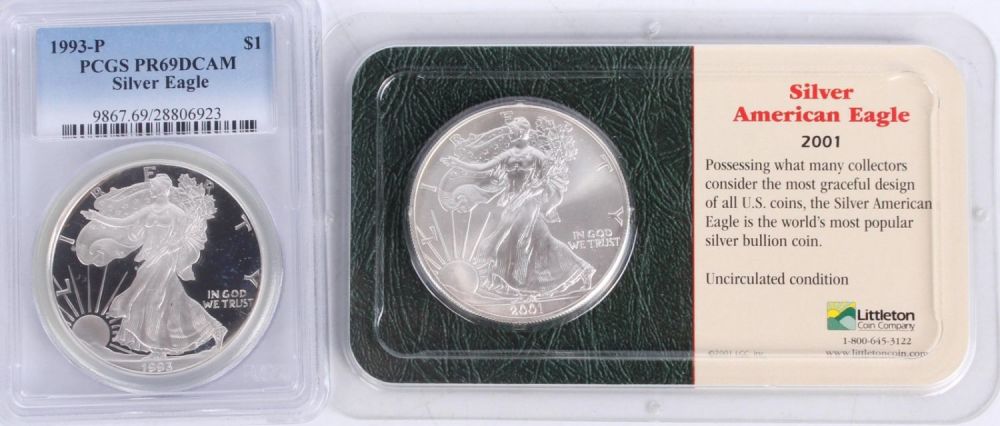 Lot 121165: .999 SILVER 1993-P DCAM & 2001 SILVER EAGLES - (2)