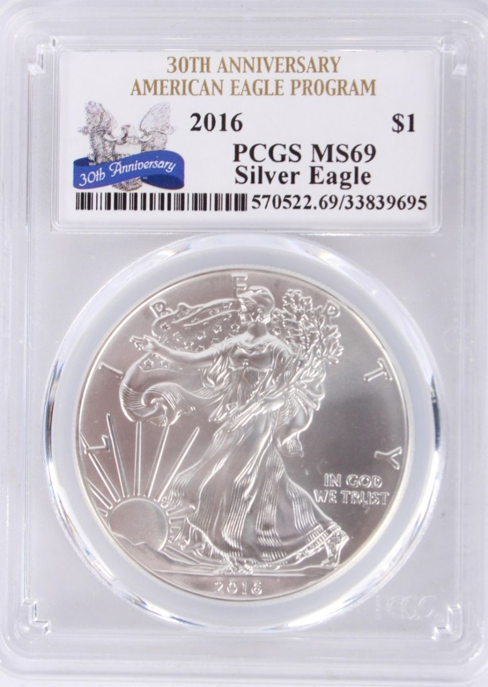 Lot 121167: .999 FINE SILVER 2016 PCGS MS69 1OZ SILVER EAGLE