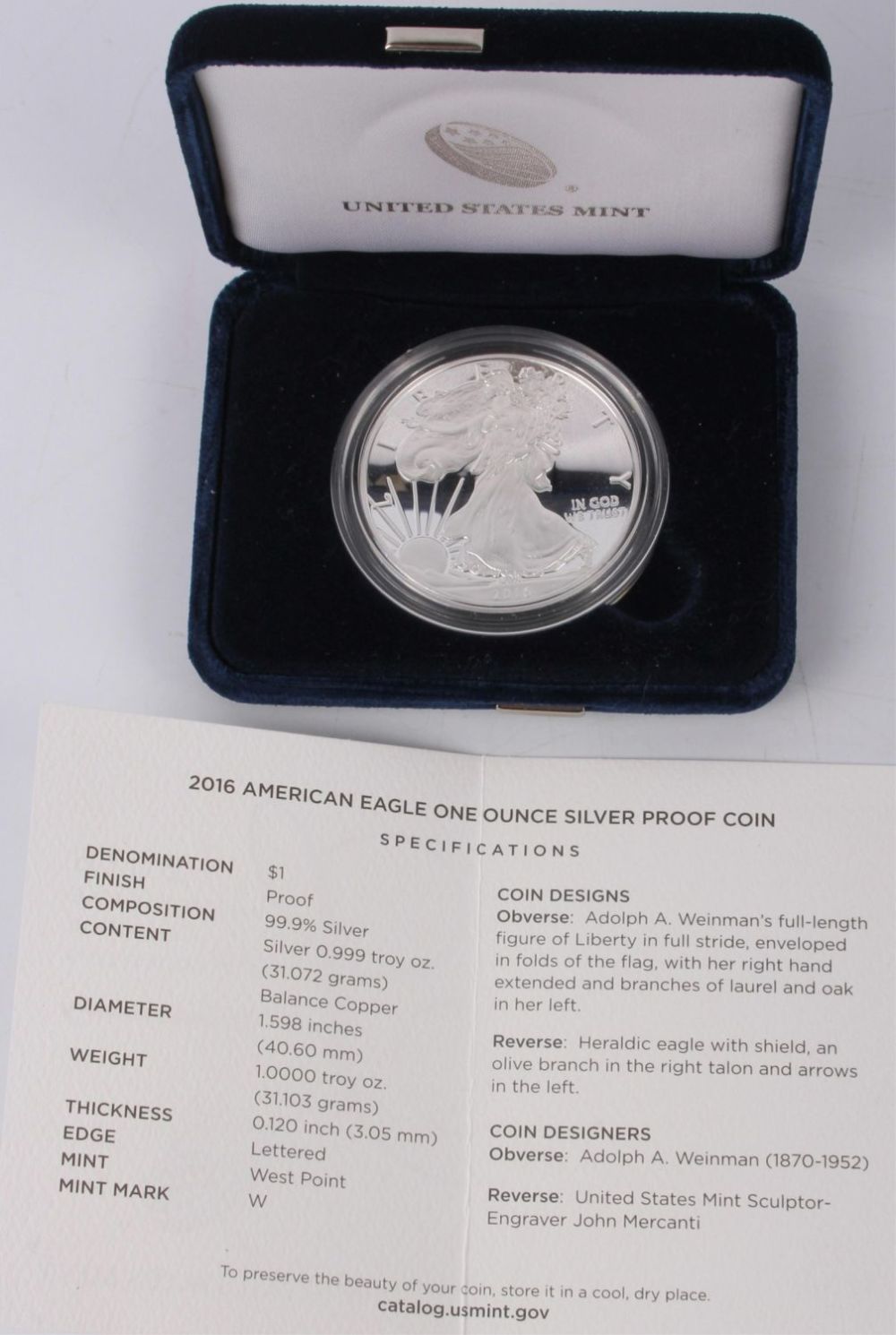 Lot 121168: .999 SILVER US MINT 2016 AMERICAN EAGLE W/ COA