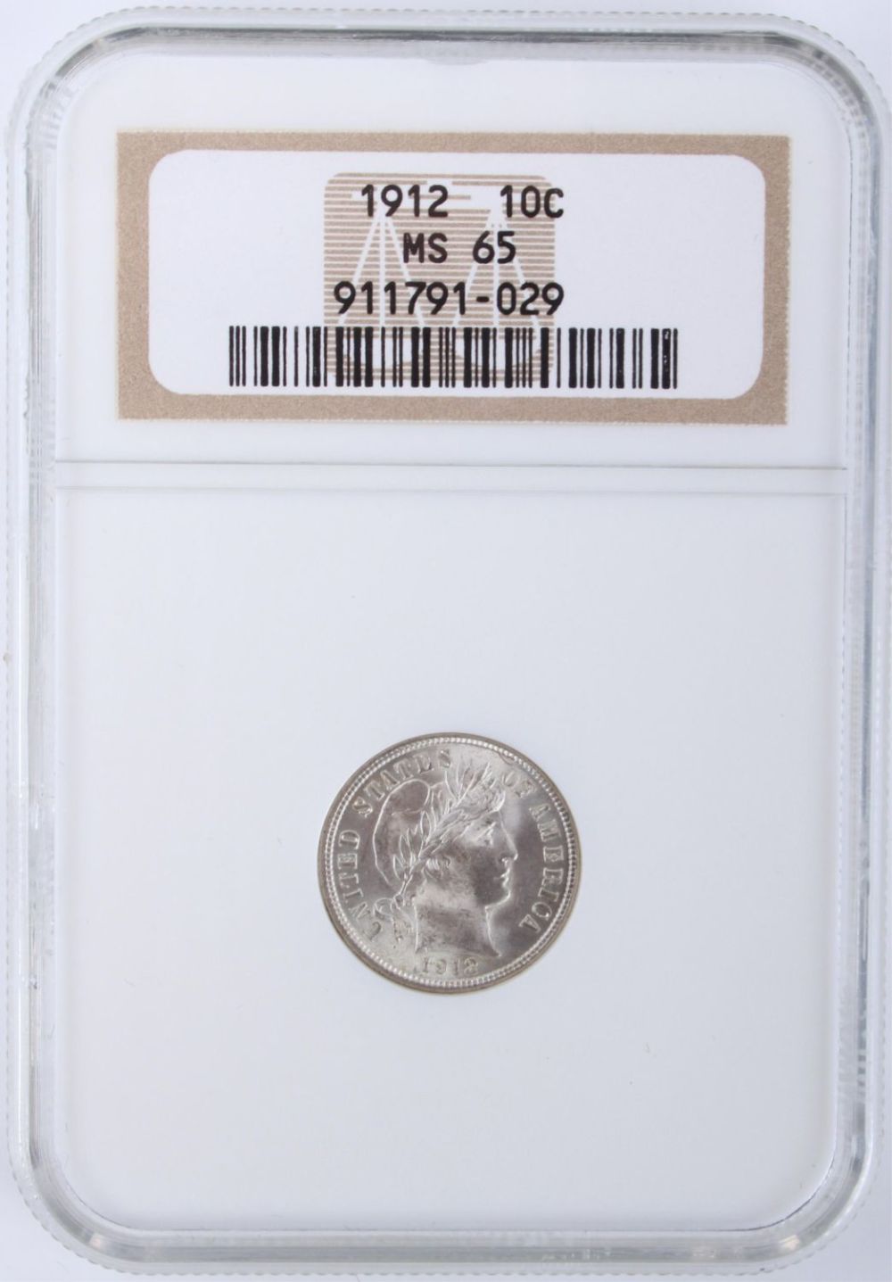Lot 121169: 1912 BARBER DIME 90% SILVER GRADED MS 65