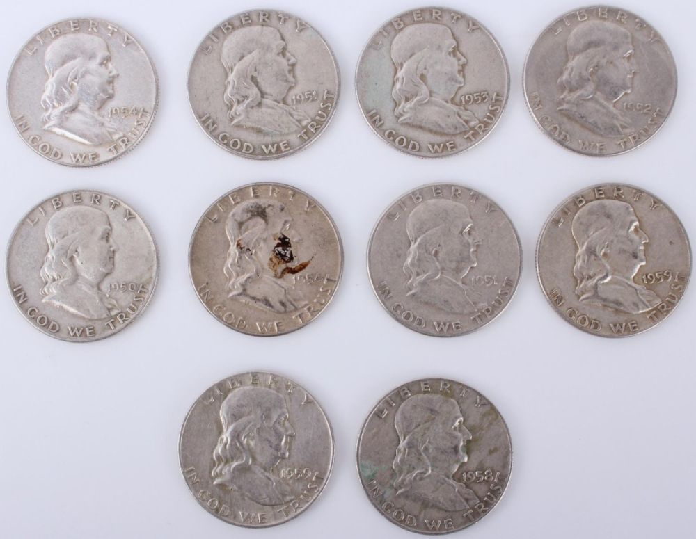 Lot 121172: 90% SILVER FRANKLIN HALF DOLLAR COINS - LOT OF 10
