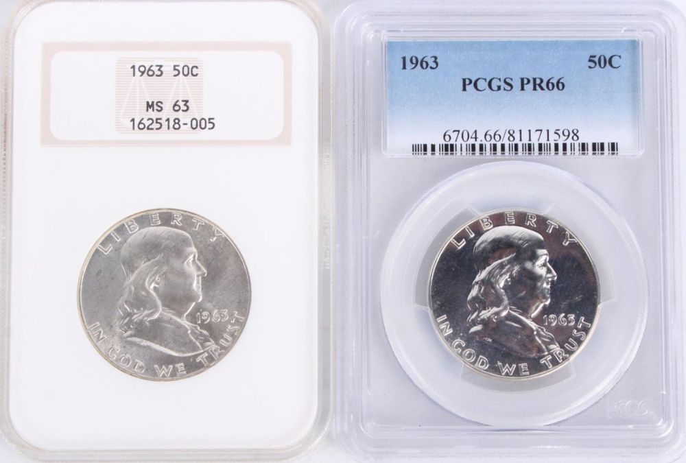 Lot 121174: 90% SILVER 1963 PR66 & MS63 FRANKLIN HALF DOLLARS