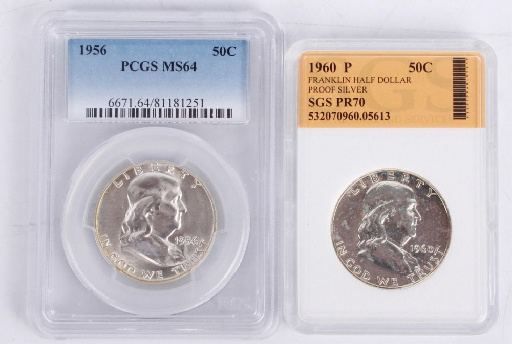 Lot 121177: 90% SILVER 1956 & 1960-P FRANKLIN HALF DOLLARS (2)