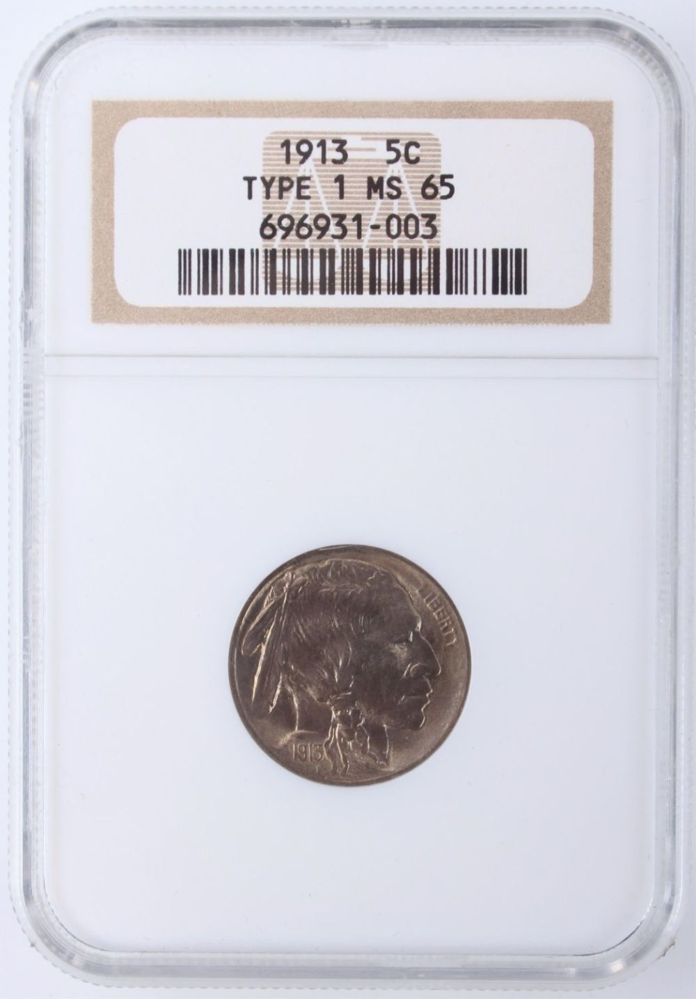 Lot 121191: 1913 5C TYPE 1 BUFFALO NICKEL GRADED MS 65