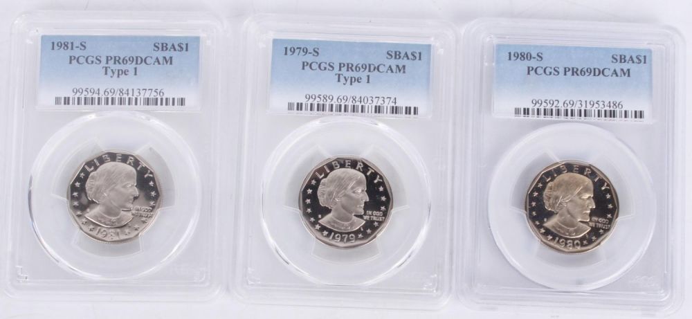 Lot 121208: SUSAN B. ANTHONY PCGS PR69DCAM DOLLARS - (3)