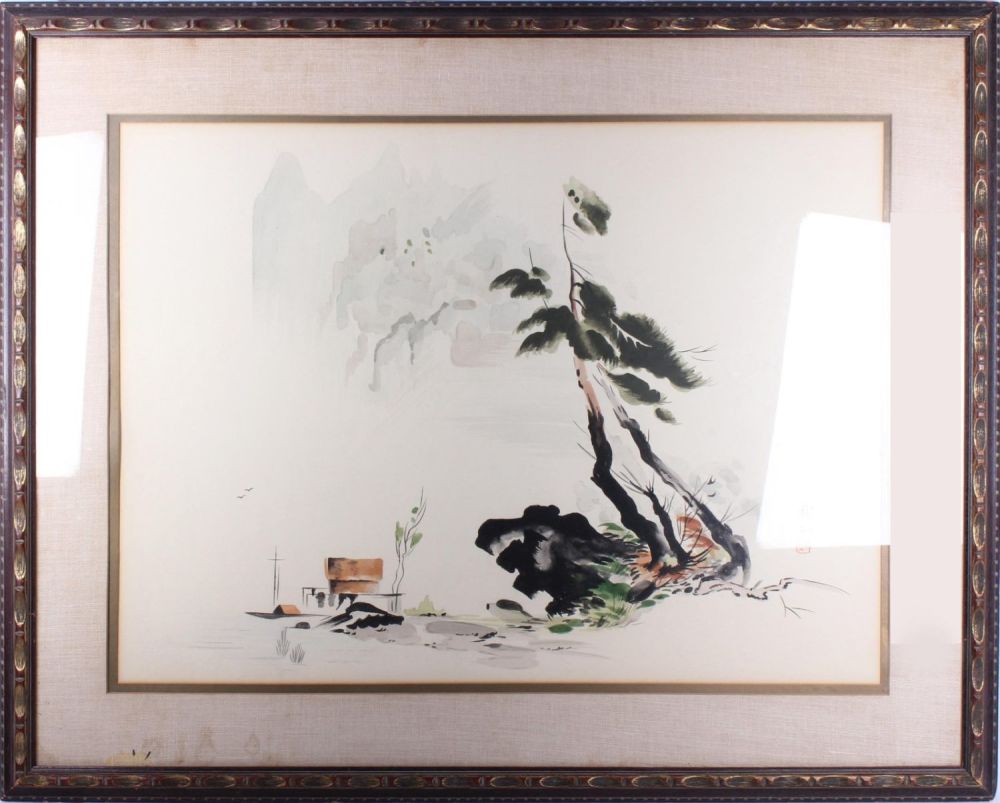 Lot 121318: TANG HUNG WATERCOLOR OF A VILLAGE & MOUNTAINS