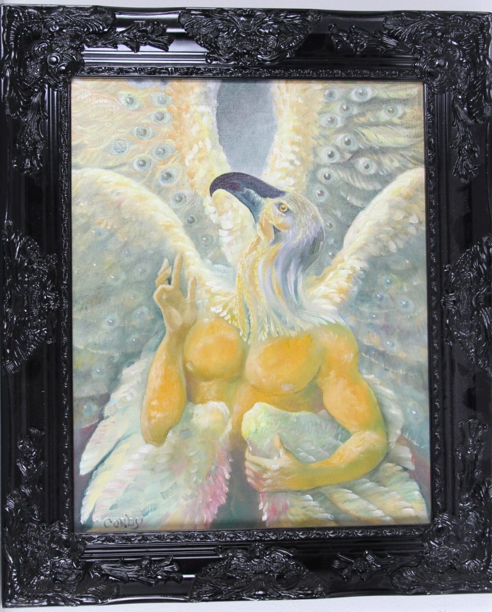 Lot 121325: SIGNED ORIGINAL OIL PAINTING VULTURE DEITY 16 X 20