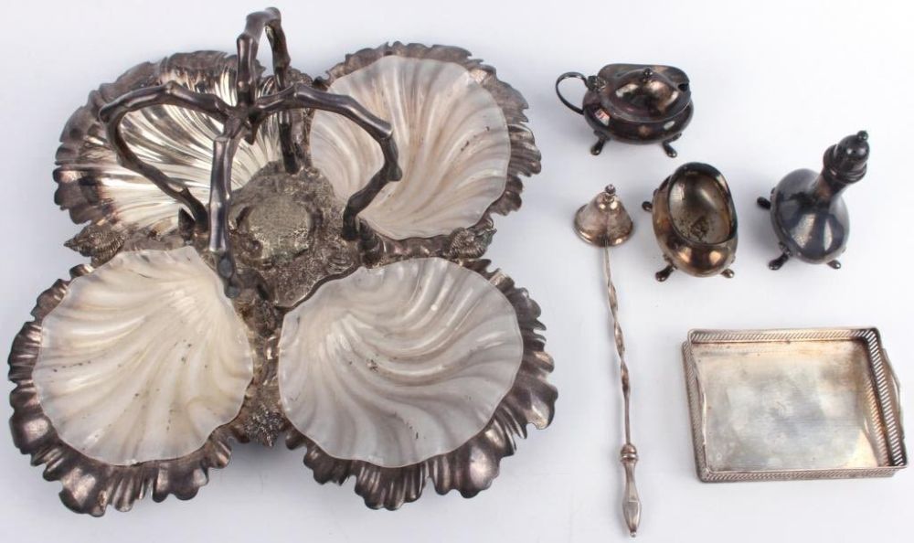 Lot 124158: ANTIQUE SILVER HORS D'OEUVRE TRAY W/ SILVER ACCES.