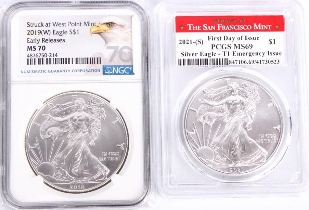 Lot 124170: .999 SILVER 2021-S MS69 & 2019-W MS70 EAGLES - (2)