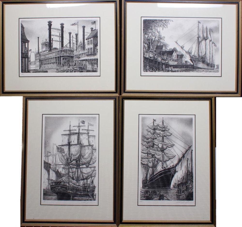 Lot 124357: AMERICAN HISTORICAL BOAT FRAMED SKETCHS - LOT OF 4