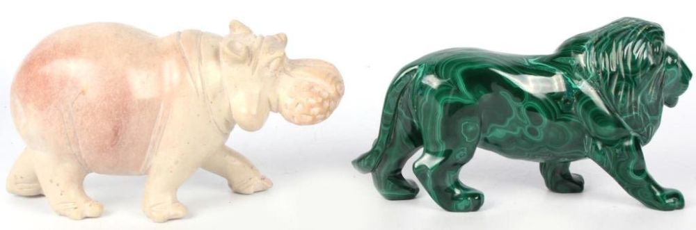Lot 124371: MALACHITE LION STATUE & JASPER HIPPO STATUE
