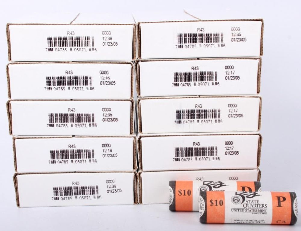Lot 125229: 2005 $20.0 MINT 50 STATE QUARTER ROLL BOXES - (10)